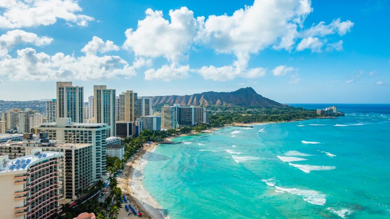 waikiki beach and diamond head crater including the hotels